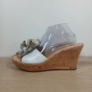 Born Sandals Women 11 Blue Leather Cork Wedge Slide Floral Boho Summer Slide